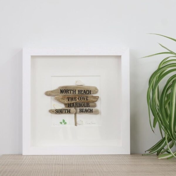 Greystones Beach Signs Artwork – Driftwood, Sea Glass & Seagull Coastal Décor
