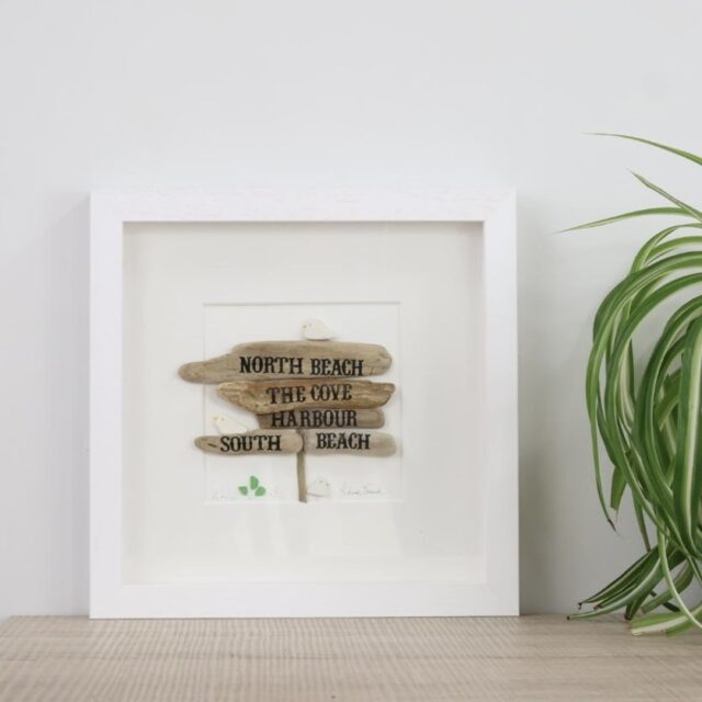 Greystones Beach Signs Artwork – Driftwood, Sea Glass & Seagull Coastal Décor