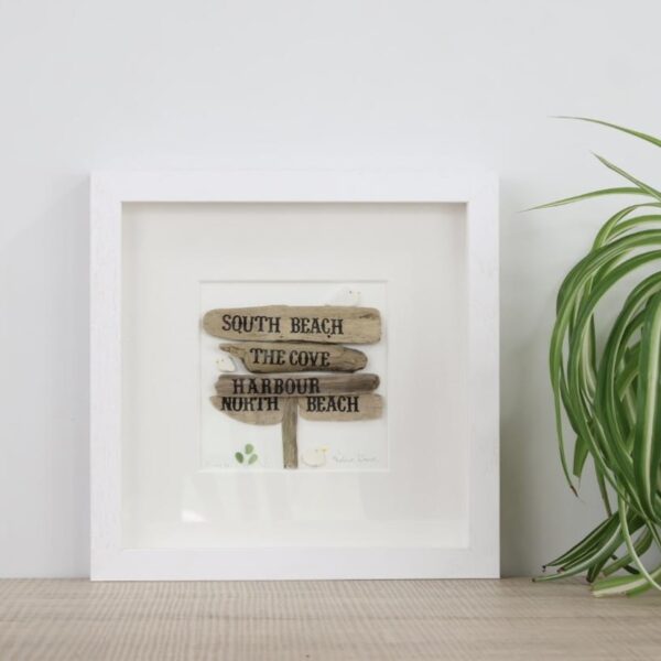Greystones Beach Signs Artwork – Driftwood, Sea Glass & Seagull Coastal Décor