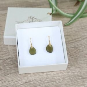 dark olive green sea glass gold earrings